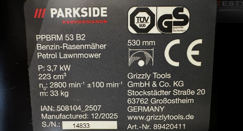 Test a recenzia benzínovej kosačky na trávu PARKSIDE Performance PPBRM 53 B2 - typový štítok